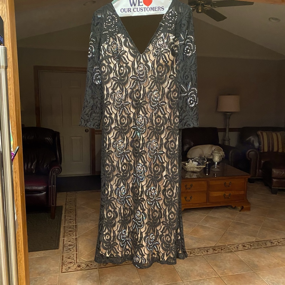 Black Gigi Couture black lace over tan satin gown. Size 12